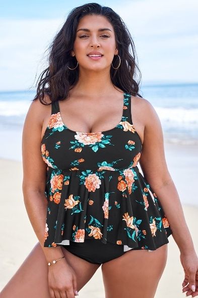 Black Floral peplum big tummy hide bathing suits