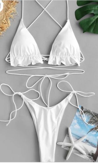 Metalic Ruffle Middriff Flossing Swimwear white bikini suitsproduct