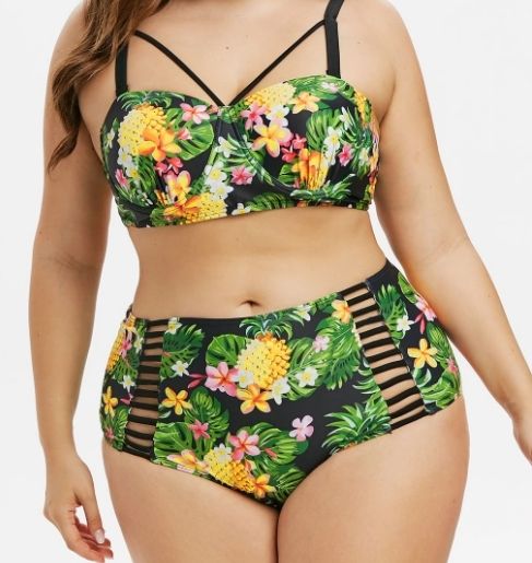 Plus size Pineapple Flower Ladder Cutout Underwire Tankini Swimwear Front Images