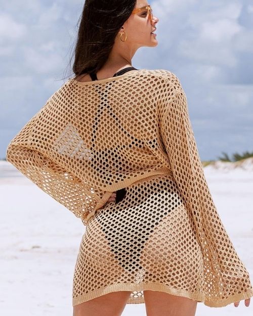 Hermosa Drop Shoulder Sleeve Crochet Coverup -Back Buttock Cellulite