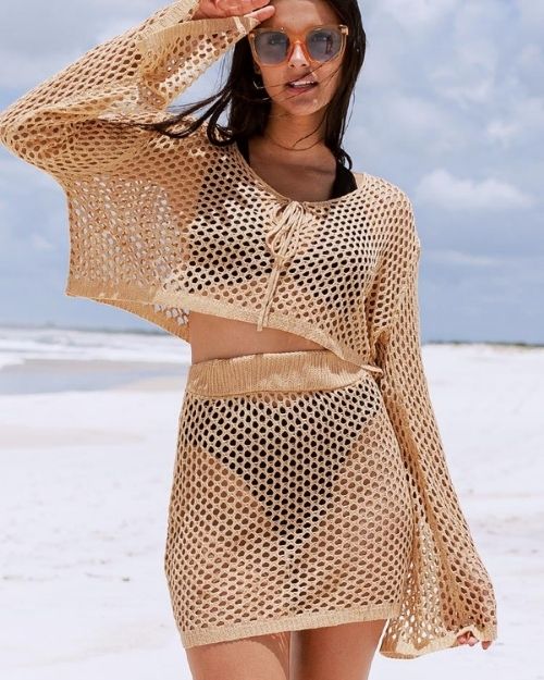 Hermosa Drop Shoulder Sleeve Crochet Coverup Sets- Thighs areas