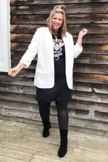 T shirt dress with fun leggings and a great blazer