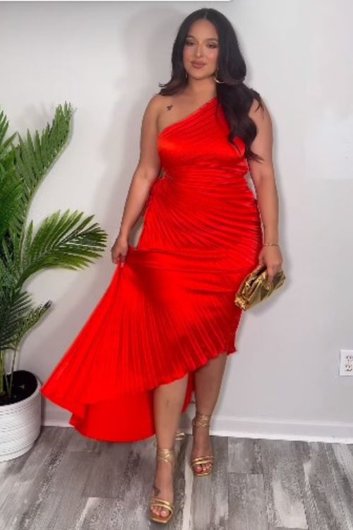 Red Gown with Gold bag and Double circle earring and Laceup Heels style