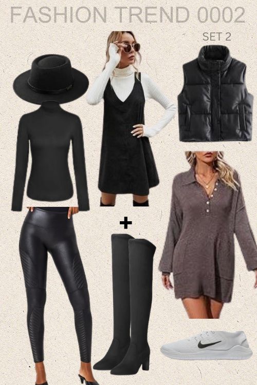 Set Your looks like Alex Pistorio - Spanx leather pants with turtle neck vest , long shoes, hat and Jumper dress