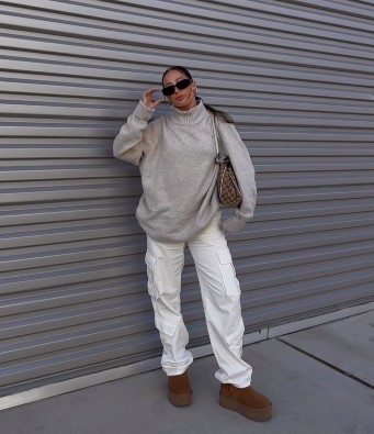 Sydney Nicole Gifford style - Cargo Pant with Turtle Neck Sweater and Prada Glasses and winter Ankle Boots