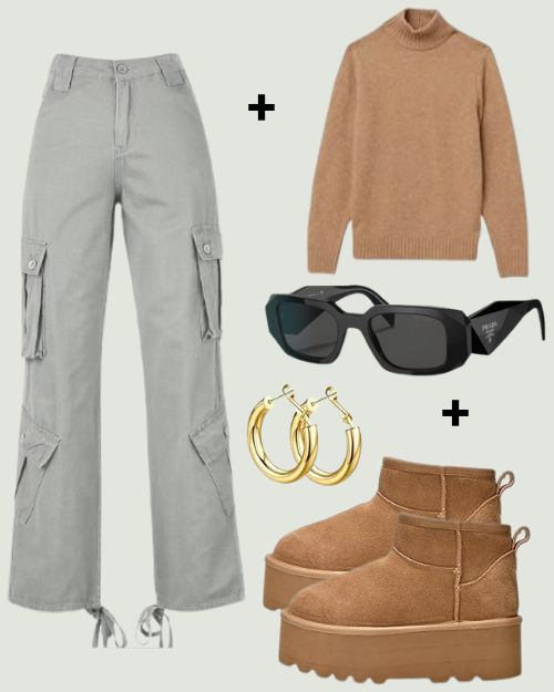 Viral Sets 1 - Cargo Pant with Turtle neck sweater and Snow Shoes and Earring and Glasses.