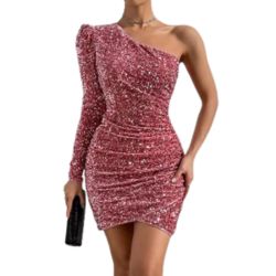 Feditch Women's Sequin One Shoulder Ruched Long Sleeve Wrap Bodycon Mini Cocktail Dress - Slimtoslim