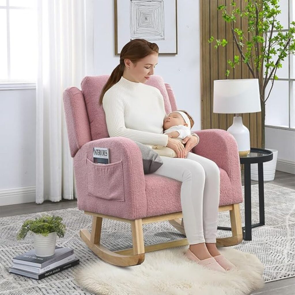 Modern Comfort Meets Nursery Style: Pink Wingback Glider Chair with Side Pockets 1 Rocking Glider Chair for Nursery, Wingback Accent Rocker Chair Upholstered Tall Back Arm Chair