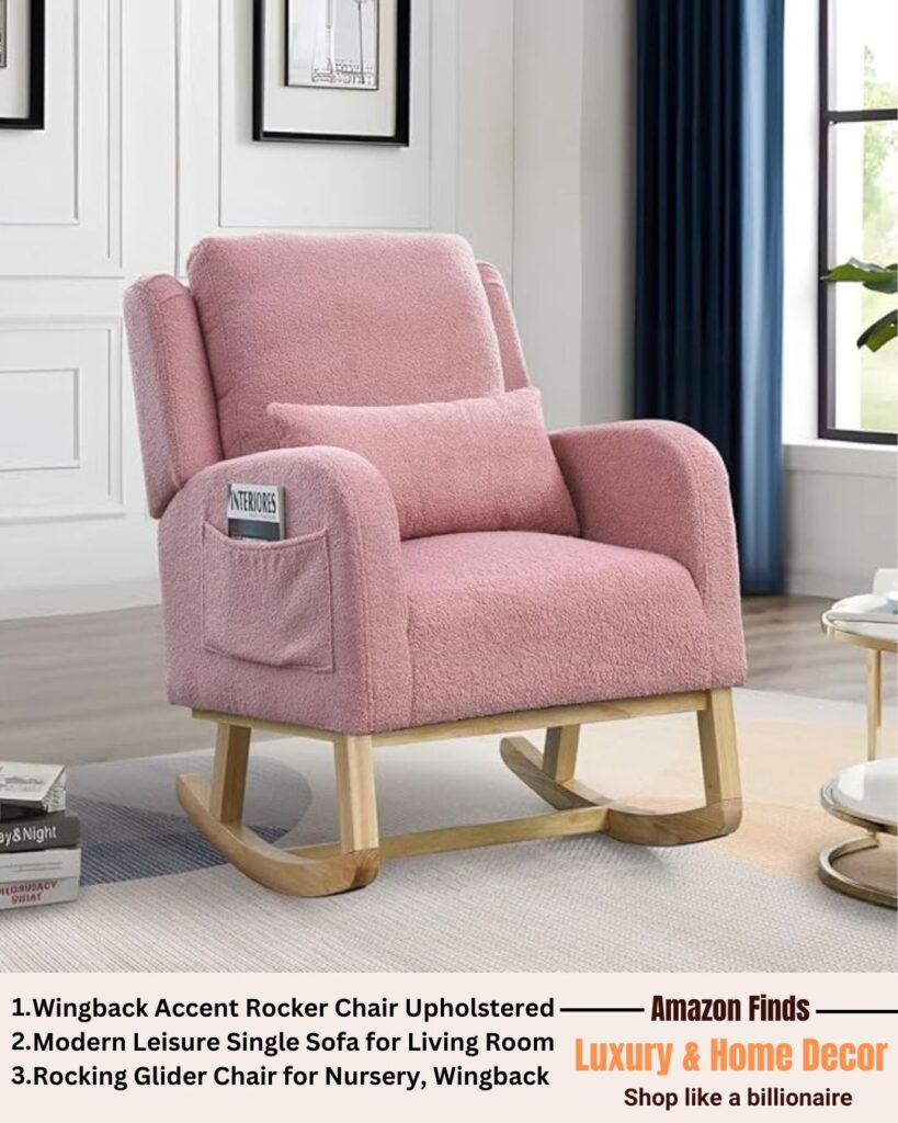 Rocking Glider Chair for Nursery, Wingback Accent Rocker Chair Upholstered Tall Back Arm Chair (2)