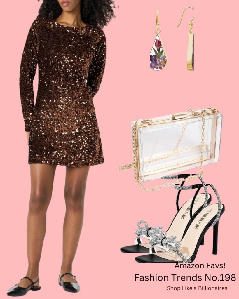Step up your style game with Fashion Trends No.198 — a dazzling roundup of Amazon’s hottest party-ready pieces! This look features a stunning chocolate sequin mini dress, statement floral resin drop earrings, a chic transparent clutch with gold detailing, and show-stopping stiletto heels adorned with rhinestone snakes. Whether you're heading to a cocktail night or holiday glam party, this ensemble screams luxury—without the billionaire price tag. ✨ Shop the full look now and shine like the star you are