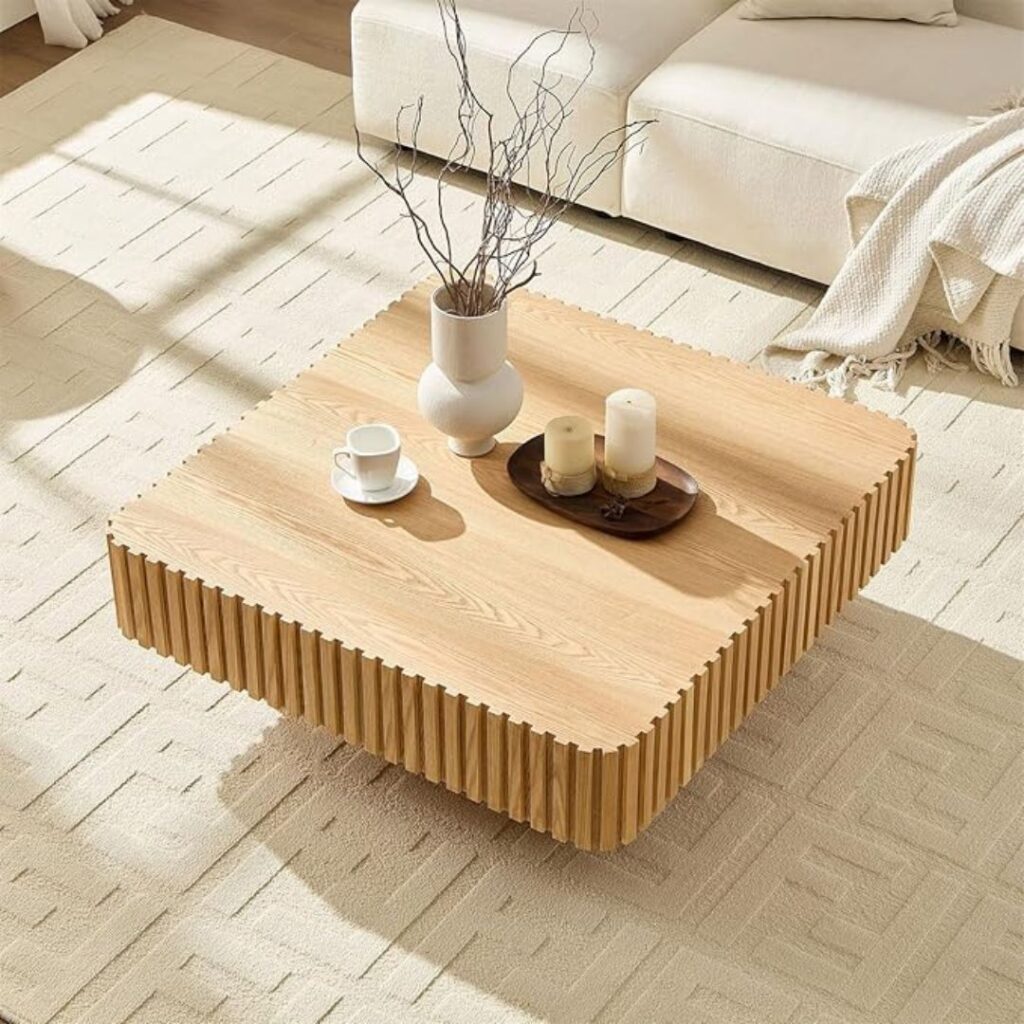 Natural Wood Coffee Table Modern Handcraft Drum Wooden Solid Wood Veneer Tea Table for Living Room Apartment(Square)