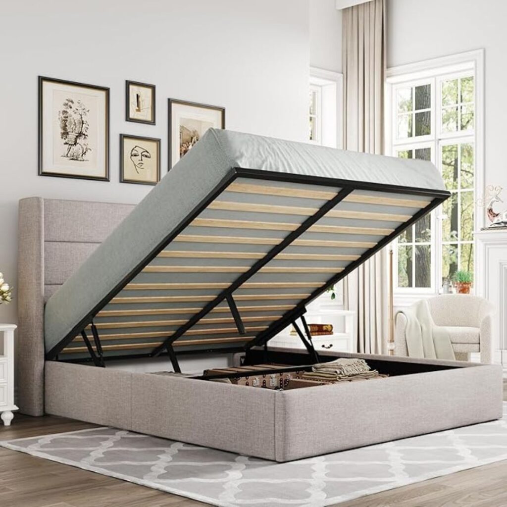 Allewie Queen Size Lift Up Storage Bed, Modern Wingback Headboard