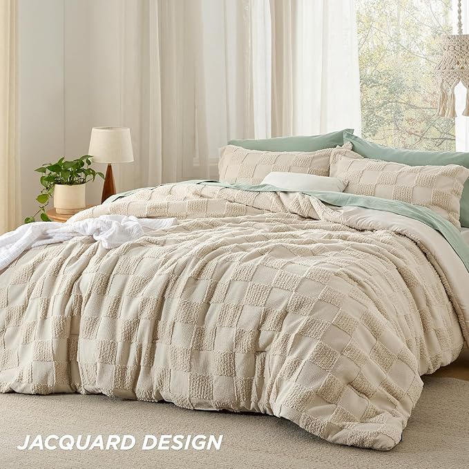 Bedsure King Size Comforter Set Beige, Boho Tufted Bed Set, Checkered (1)