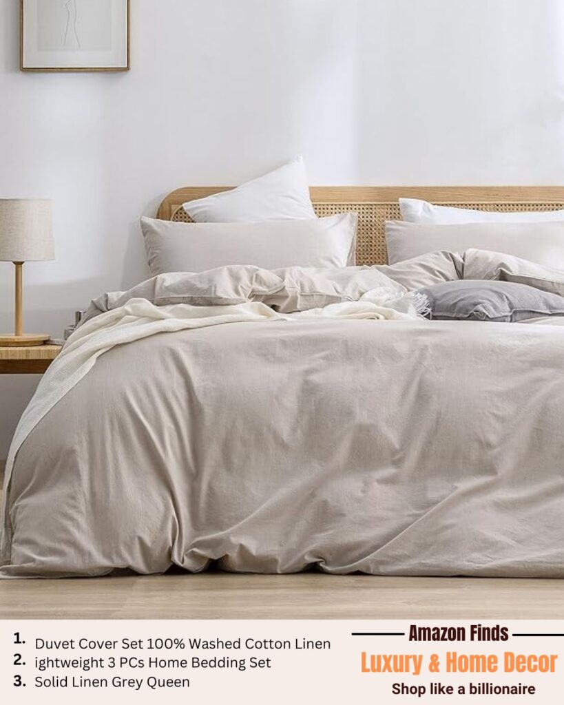 Duvet Cover Set 100 Washed Cotton Linen Feel Super Soft Comfortable Chic Lightweight 3 PCs Home Bedding Set Solid Linen Grey Queen