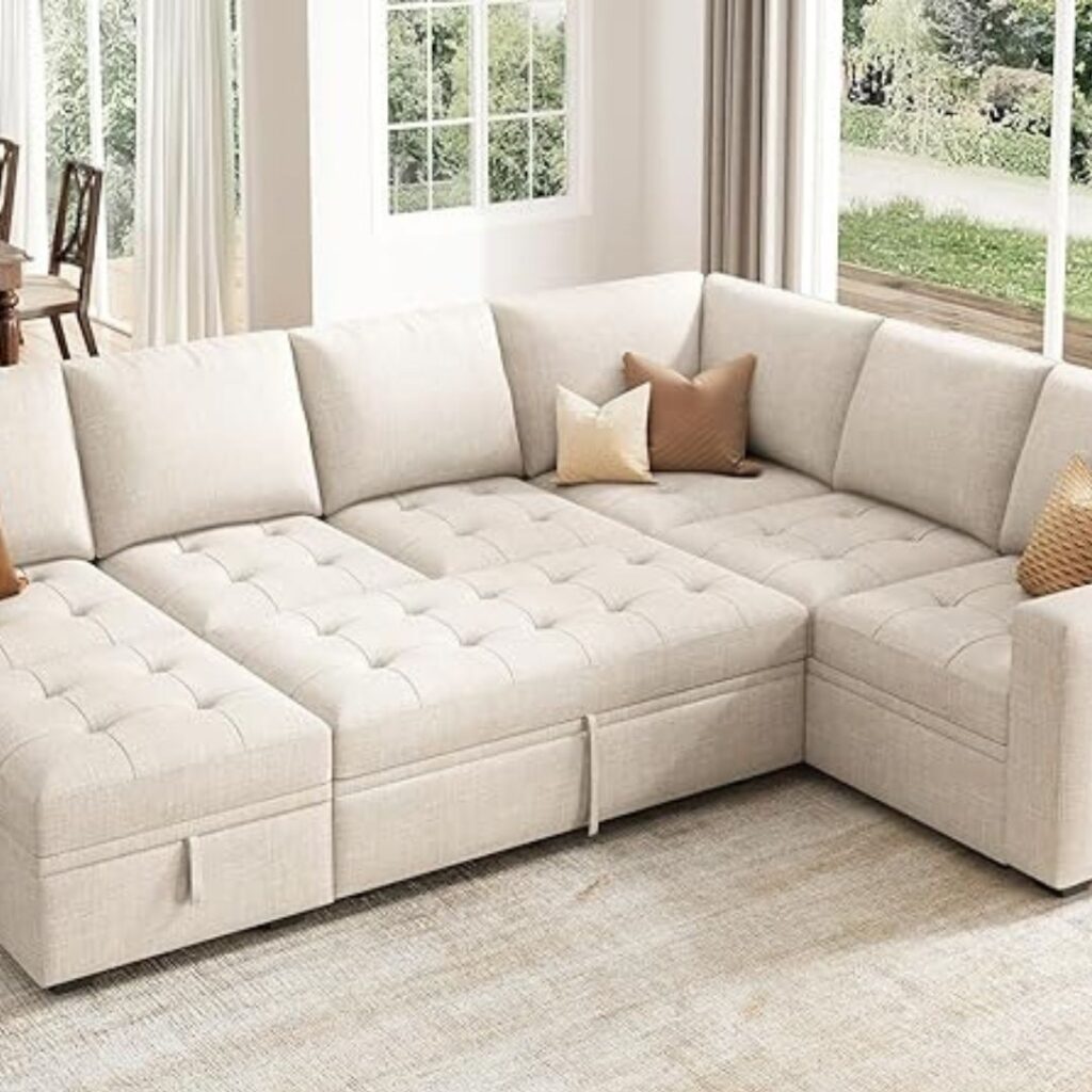 Sectional Sleeper Sofa Couch with Pull Out Bed, Convertible L Shaped Couch with Storage, Sleeper Sectional Sofa Bed for Living Room, Beige (1)