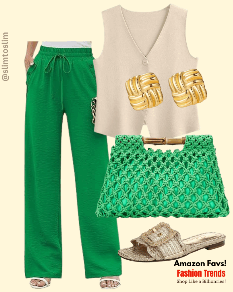 Stylish Green Palazzo Pants & Neutral Vest Outfit trending fashion 2025