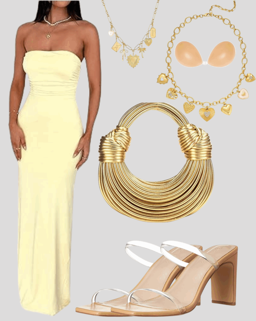 Stylish Yellow Evening Dress with Elegant Gold Accessories & Heels