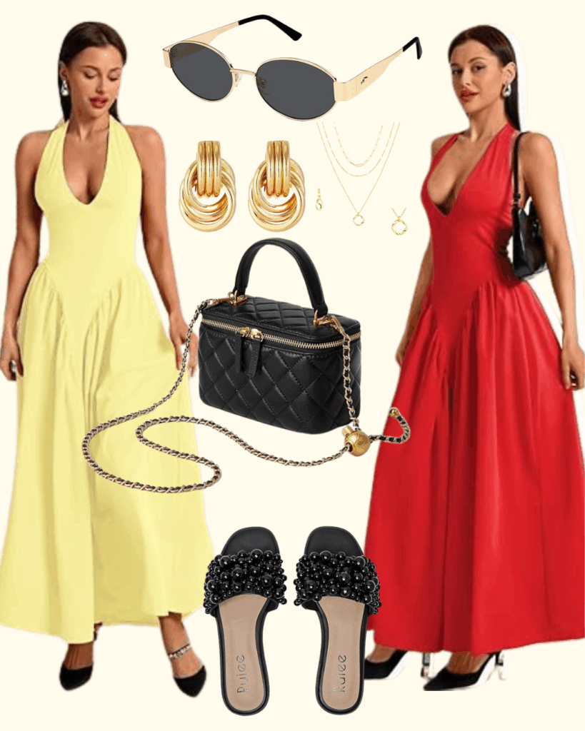 Yellow and Red Halter Dresses with Accessories