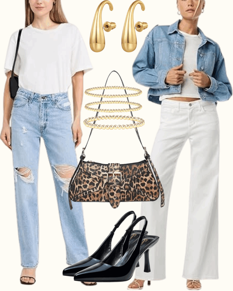 Casual Chic Outfit – Denim, Accessories & Leopard Print Bag