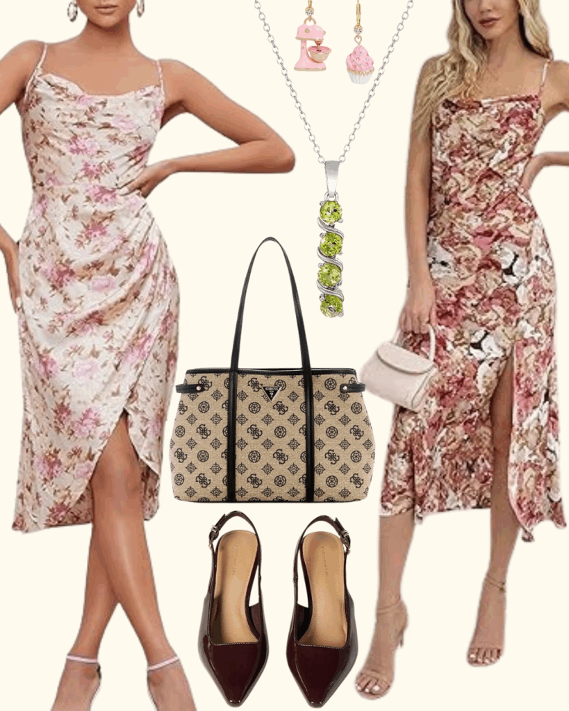 Floerns Women's Floral Print Cowl Neck Ruched Sleeveless Satin Slit Party Dress